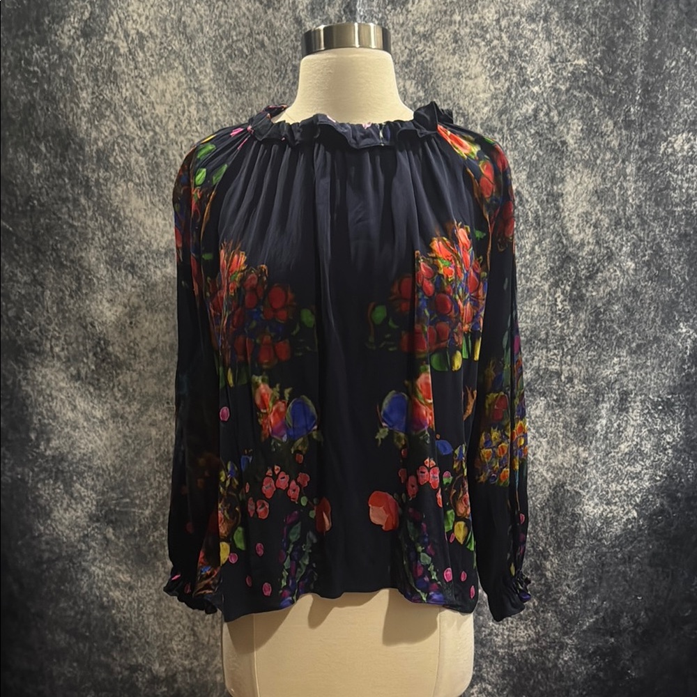 Cynthia Rowley Silk Viscose Psychedelic Floral Navy Blouse